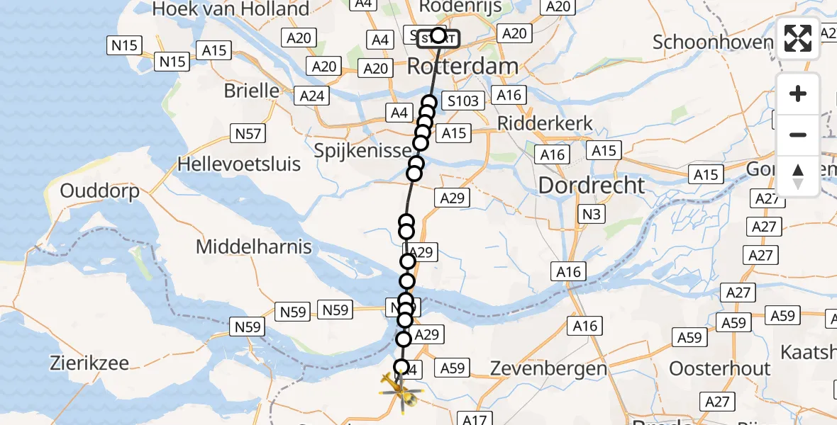 Vluchtroute Traumahelikopter van Rotterdam The Hague Airport naar Dinteloord