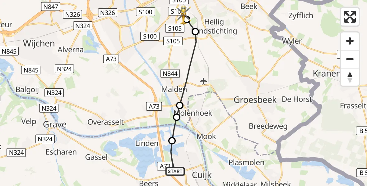 Vluchtroute Traumahelikopter van Cuijk naar Radboud University Medical Center Heliport