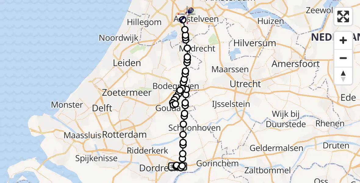 Vluchtroute Politiehelikopter van Sliedrecht naar Amsterdam Vliegveld Schiphol