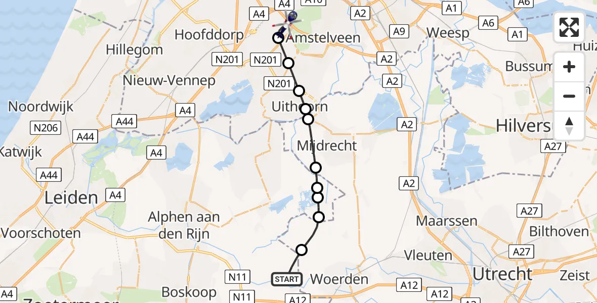 Vluchtroute Politiehelikopter van Nieuwerbrug aan den Rijn naar Amsterdam Vliegveld Schiphol
