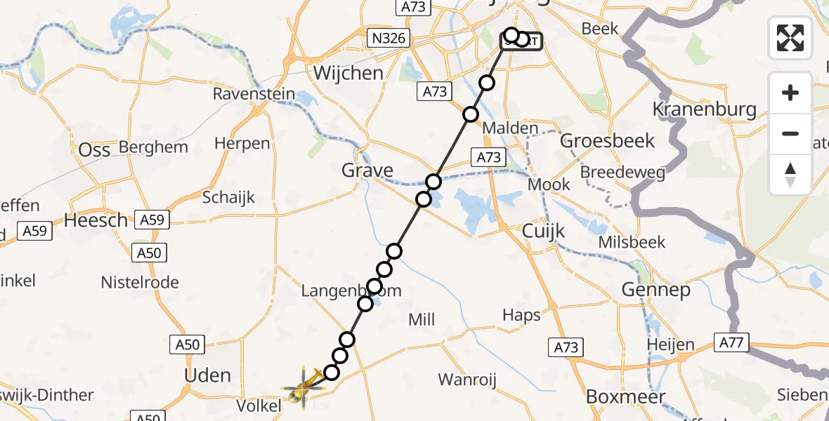 Vluchtroute Traumahelikopter van Radboud Universitair Medisch Centrum naar Vliegbasis Volkel