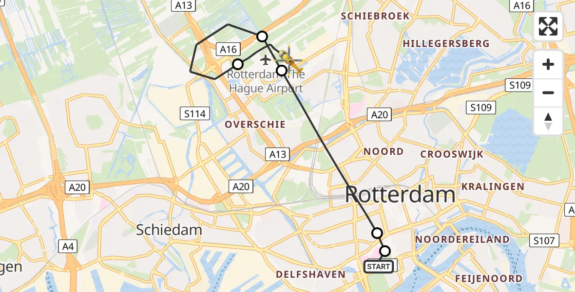 Vluchtroute Traumahelikopter van Erasmus MC naar Rotterdam The Hague Airport