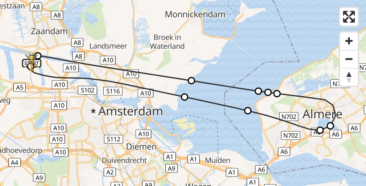 Vluchtroute Traumahelikopter van Amsterdam Heliport naar Amsterdam Heliport