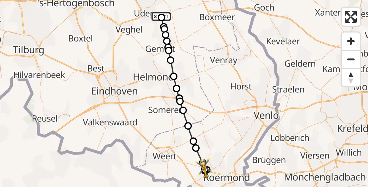Vluchtroute Traumahelikopter van Vliegbasis Volkel naar Baexem