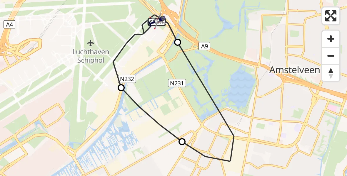 Vluchtroute Politiehelikopter van Amsterdam Vliegveld Schiphol naar Amsterdam Vliegveld Schiphol