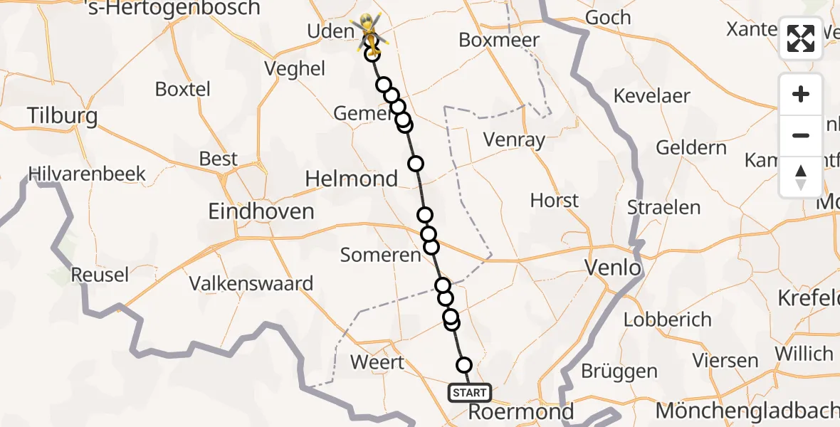 Vluchtroute Traumahelikopter van Baexem naar Vliegbasis Volkel