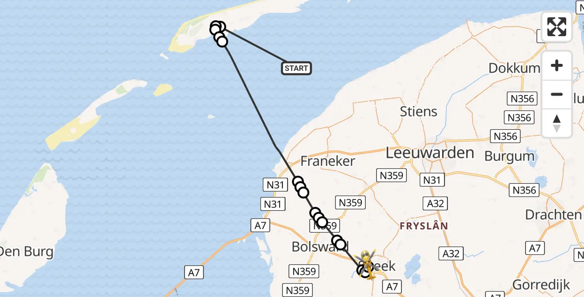 Vluchtroute Ambulancehelikopter van Waddenzee naar Antonius Hospital Heliport
