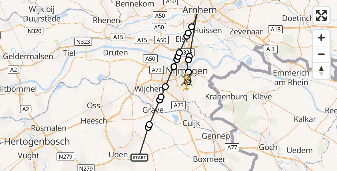 Vluchtroute Traumahelikopter van Vliegbasis Volkel naar Radboud University Medical Center Heliport