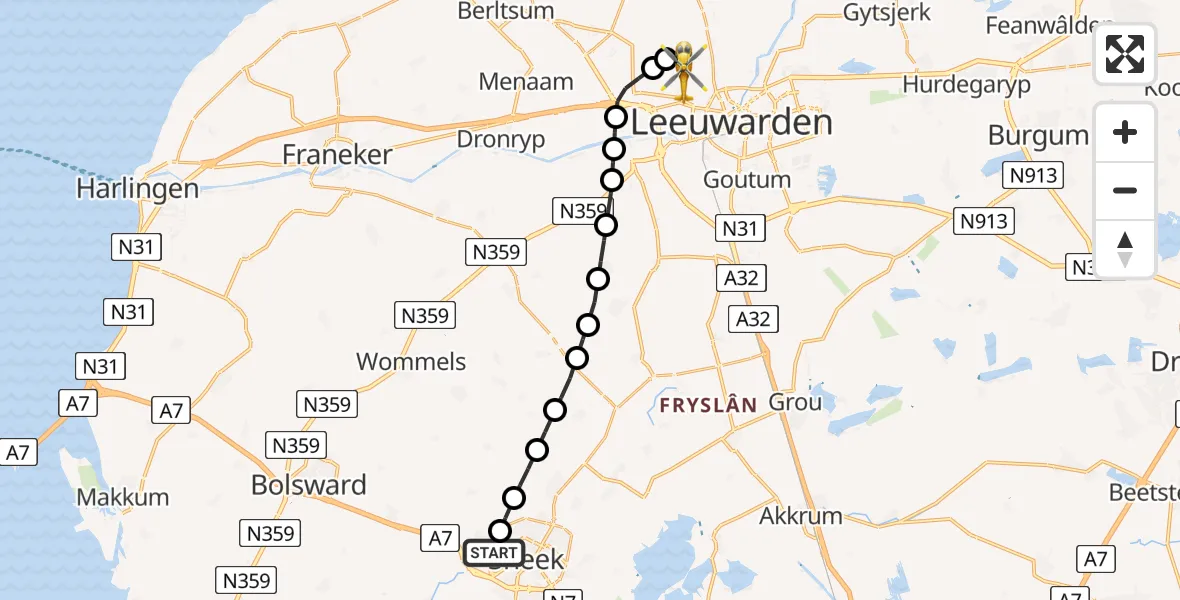 Vluchtroute Ambulancehelikopter van Antonius Hospital Heliport naar Vliegbasis Leeuwarden