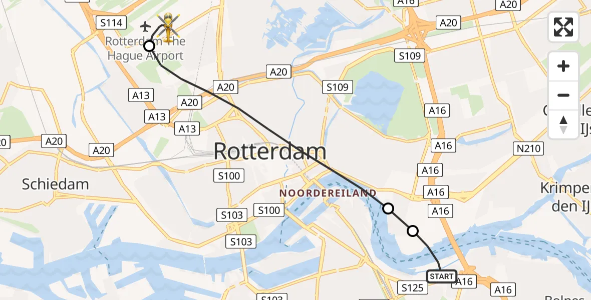 Vluchtroute Traumahelikopter van Rotterdam naar Rotterdam The Hague Airport