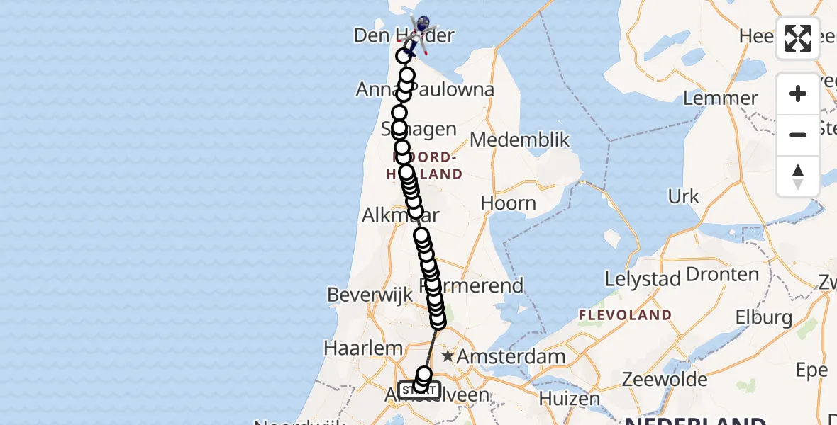 Vluchtroute Politiehelikopter van Amsterdam Vliegveld Schiphol naar Den Helder