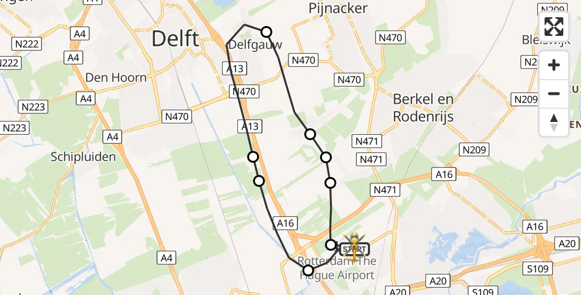 Vluchtroute Traumahelikopter van Rotterdam The Hague Airport naar Rotterdam The Hague Airport