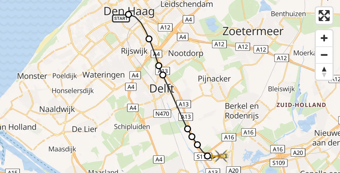 Vluchtroute Traumahelikopter van HMC Westeinde Heliport naar Rotterdam The Hague Airport
