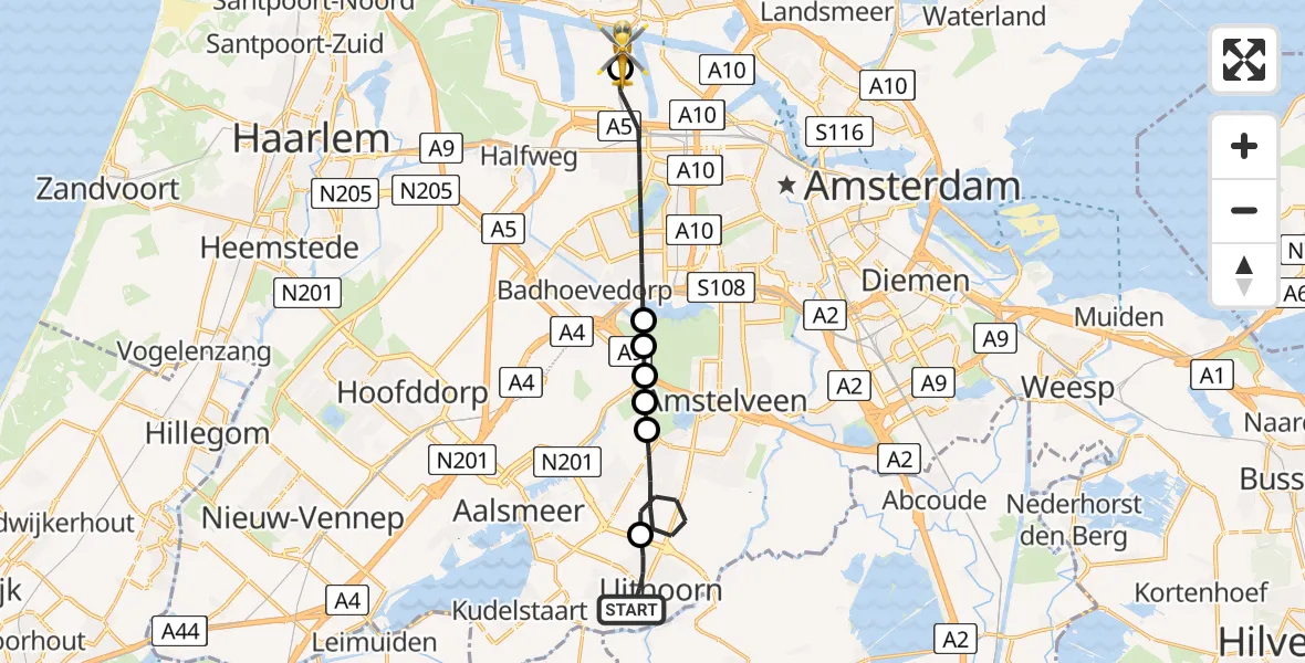 Vluchtroute Traumahelikopter van Uithoorn naar Amsterdam Heliport