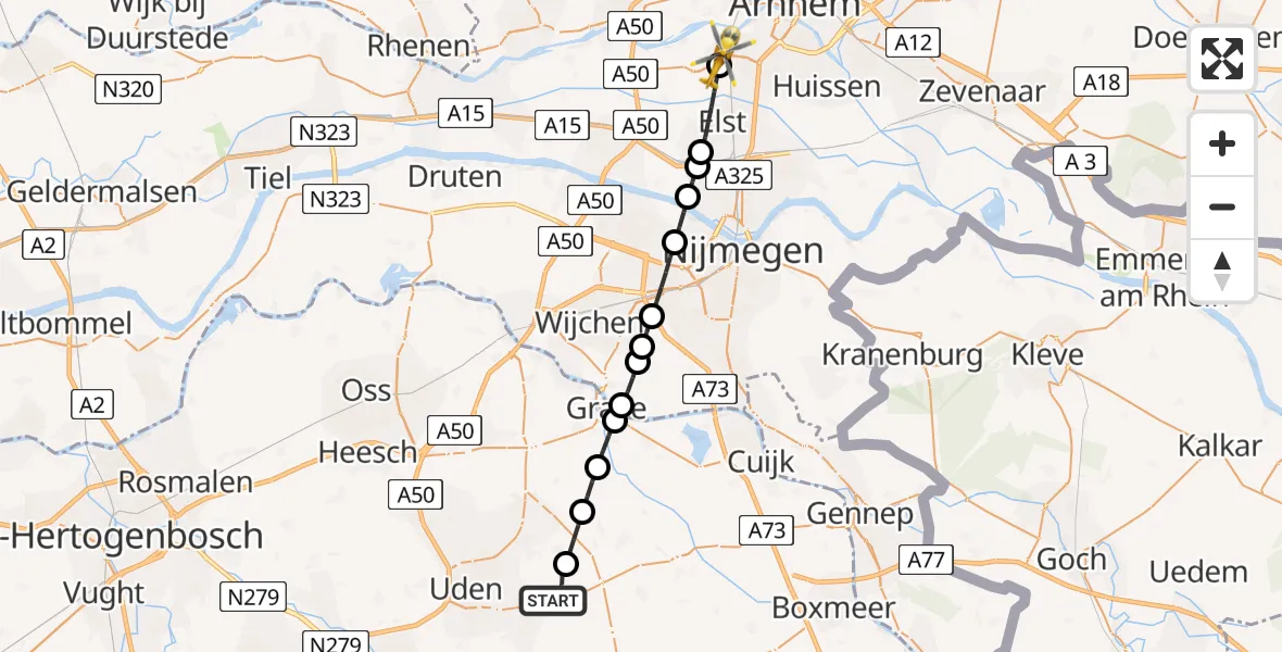 Vluchtroute Traumahelikopter van Vliegbasis Volkel naar Arnhem