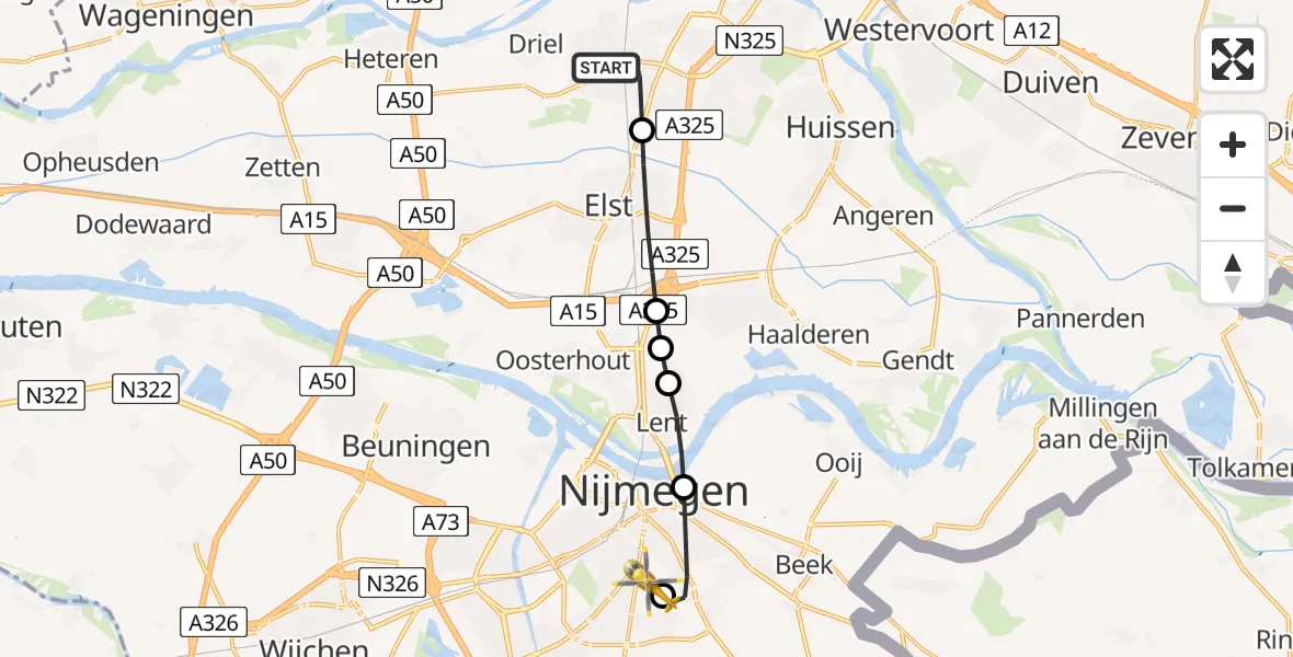 Vluchtroute Traumahelikopter van Arnhem naar Radboud University Medical Center Heliport