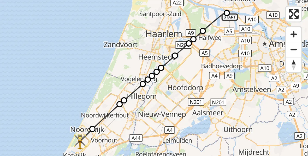 Vluchtroute Traumahelikopter van Amsterdam Heliport naar Noordwijk