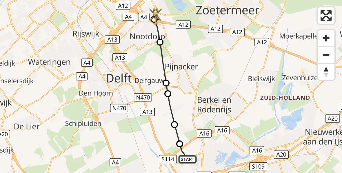 Vluchtroute Traumahelikopter van Rotterdam The Hague Airport naar 's-Gravenhage