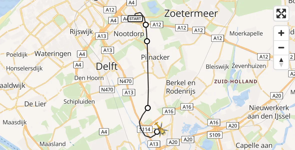 Vluchtroute Traumahelikopter van 's-Gravenhage naar Rotterdam The Hague Airport