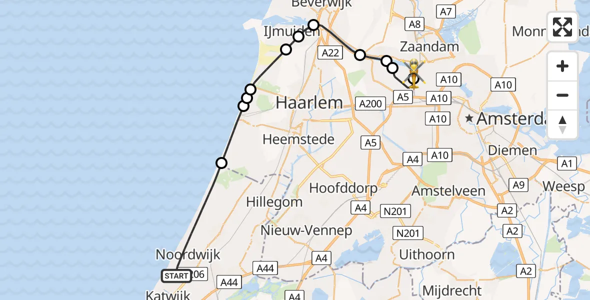 Vluchtroute Traumahelikopter van Noordwijk naar Amsterdam Heliport