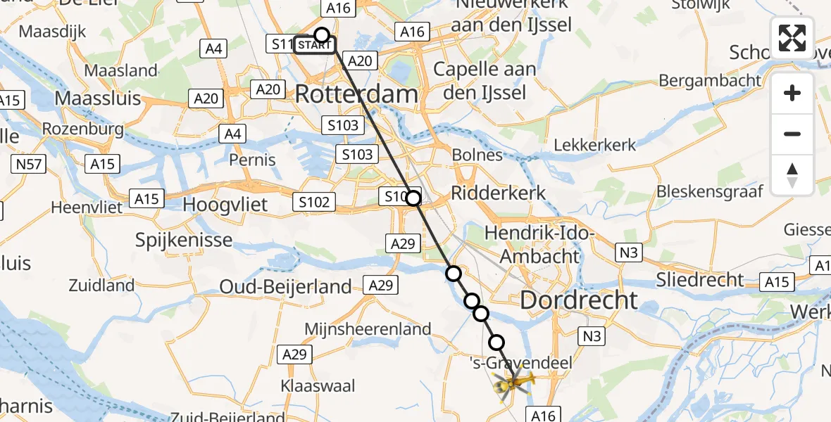 Vluchtroute Traumahelikopter van Rotterdam The Hague Airport naar 's-Gravendeel