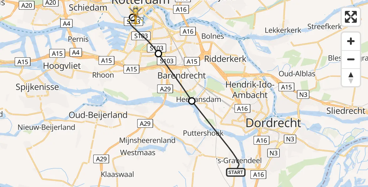 Vluchtroute Traumahelikopter van 's-Gravendeel naar Erasmus MC