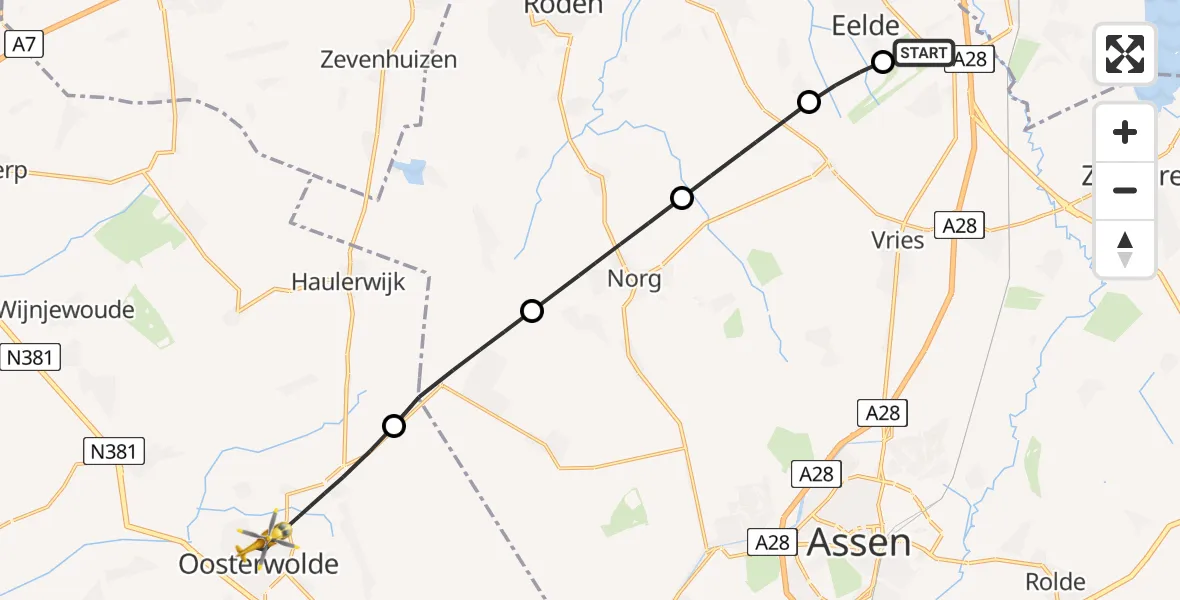 Vluchtroute Traumahelikopter van Groningen Airport Eelde naar Oosterwolde