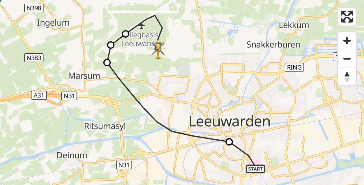Vluchtroute Ambulancehelikopter van Leeuwarden Medical Center Heliport naar Vliegbasis Leeuwarden