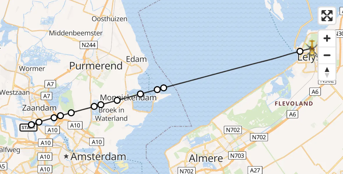 Vluchtroute Traumahelikopter van Amsterdam Heliport naar Lelystad