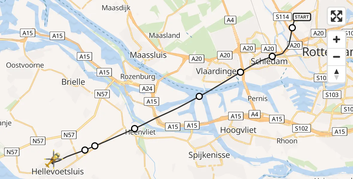 Vluchtroute Traumahelikopter van Rotterdam The Hague Airport naar Hellevoetsluis