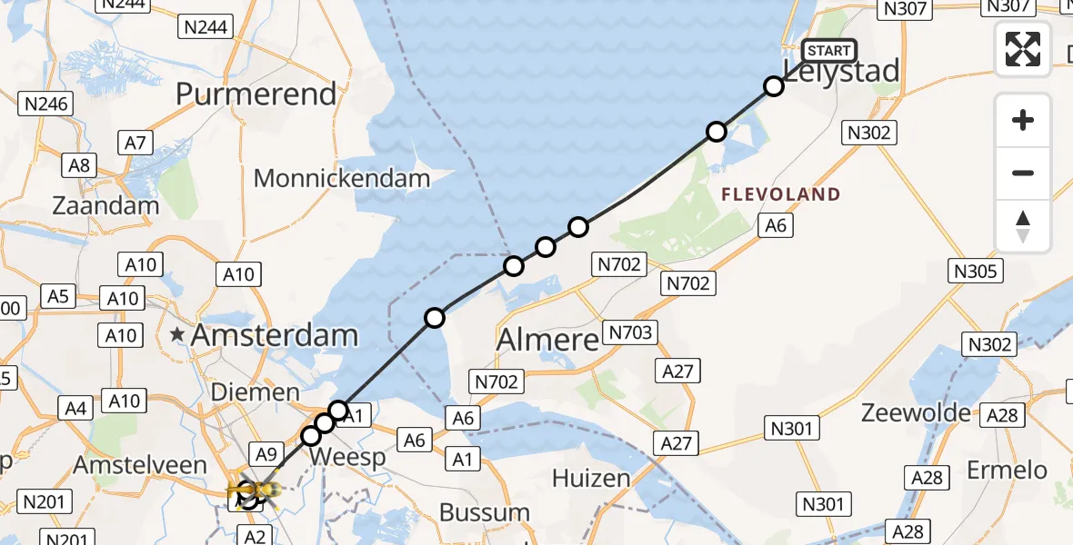 Vluchtroute Traumahelikopter van Lelystad naar Amsterdam UMC Helipad