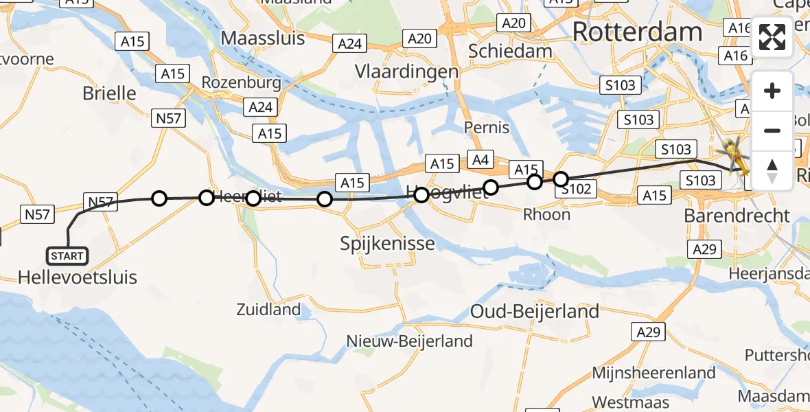 Vluchtroute Traumahelikopter van Hellevoetsluis naar Rotterdam
