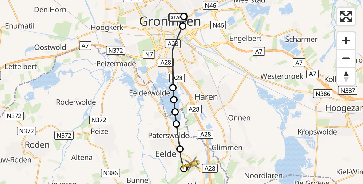 Vluchtroute Traumahelikopter van Universitair Medisch Centrum Groningen naar Groningen Airport Eelde