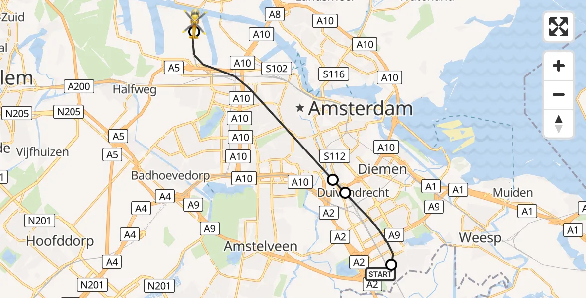 Vluchtroute Traumahelikopter van Amsterdam UMC Helipad naar Amsterdam Heliport