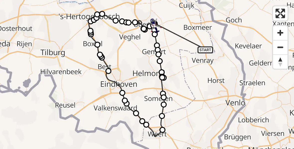 Vluchtroute Politiehelikopter Overloon - Vliegbasis Volkel, 07 mei 2026, 16:45