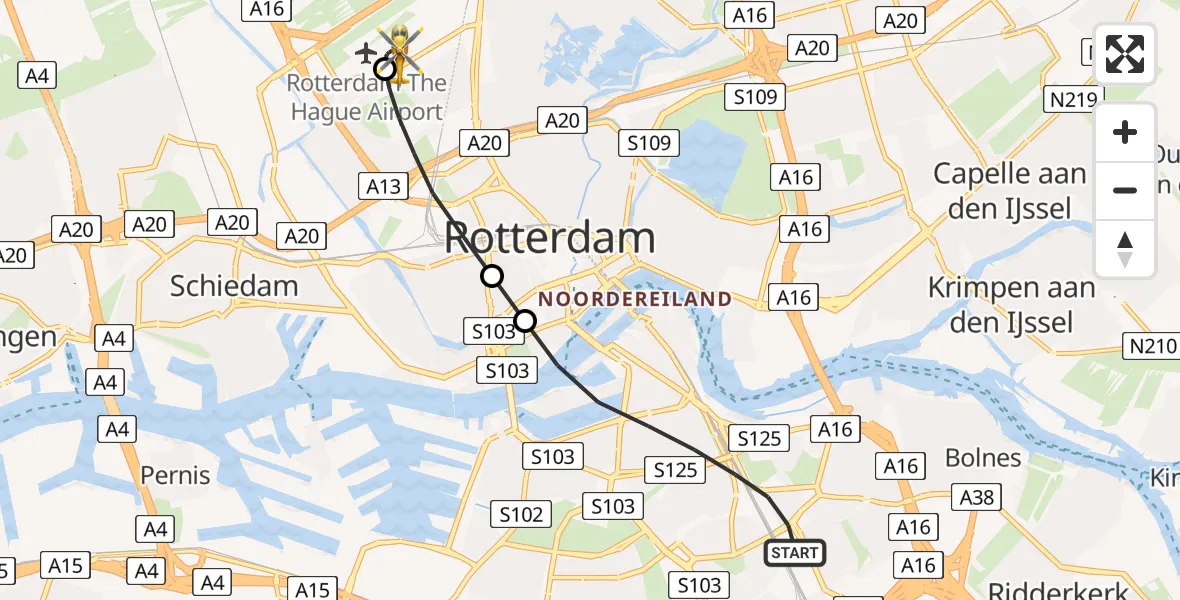 Vluchtroute Traumahelikopter van Rotterdam naar Rotterdam The Hague Airport