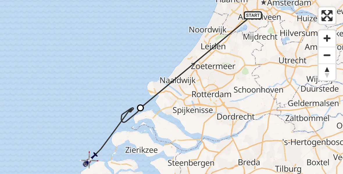 Vluchtroute Politiehelikopter van Amsterdam Vliegveld Schiphol naar Noordzee