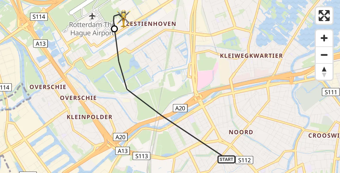 Vluchtroute Traumahelikopter van Rotterdam naar Rotterdam The Hague Airport