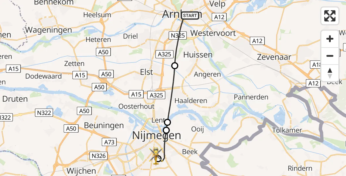 Vluchtroute Traumahelikopter van Arnhem naar Radboud University Medical Center Heliport