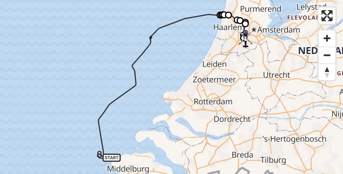 Vluchtroute Politiehelikopter van Noordzee naar Amsterdam Vliegveld Schiphol