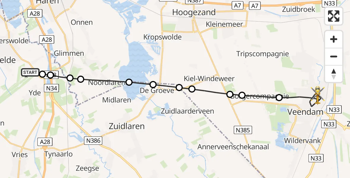 Vluchtroute Traumahelikopter van Groningen Airport Eelde naar Veendam