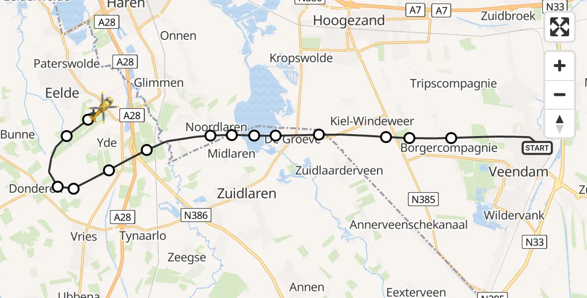Vluchtroute Traumahelikopter van Veendam naar Groningen Airport Eelde