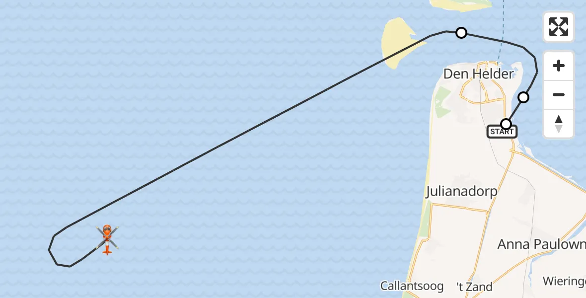 Vluchtroute Kustwachthelikopter van Militair vliegveld De Kooy / Den Helder Airport naar Noordzee