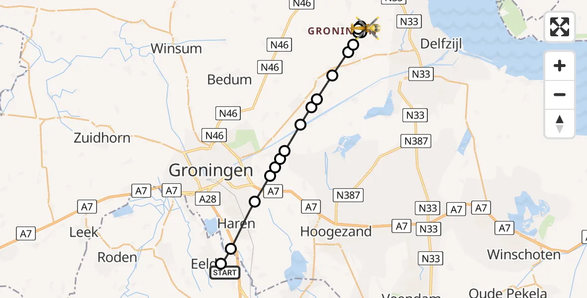Vluchtroute Traumahelikopter van Groningen Airport Eelde naar Leermens