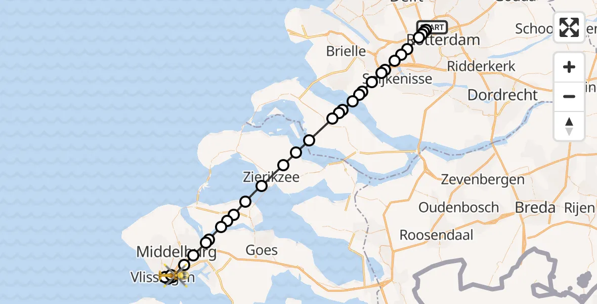 Vluchtroute Traumahelikopter van Rotterdam The Hague Airport naar Marine kazerne Vlissingen Helipad