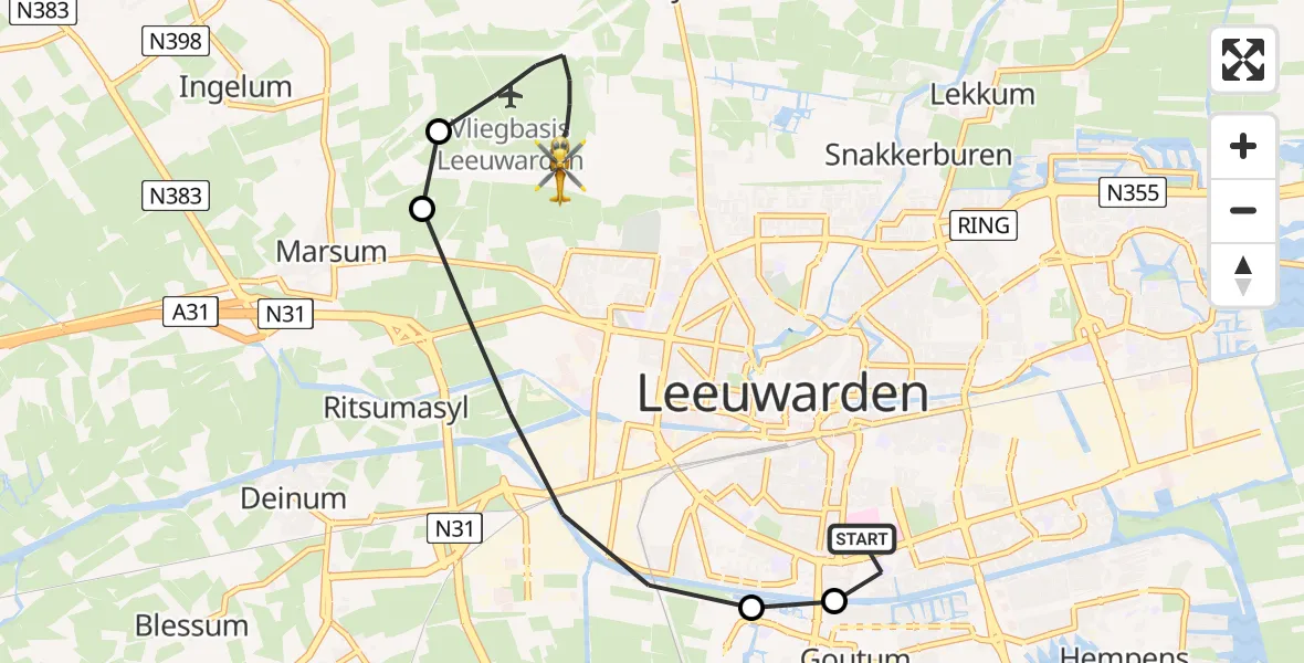 Vluchtroute Ambulancehelikopter van Leeuwarden Medical Center Heliport naar Vliegbasis Leeuwarden