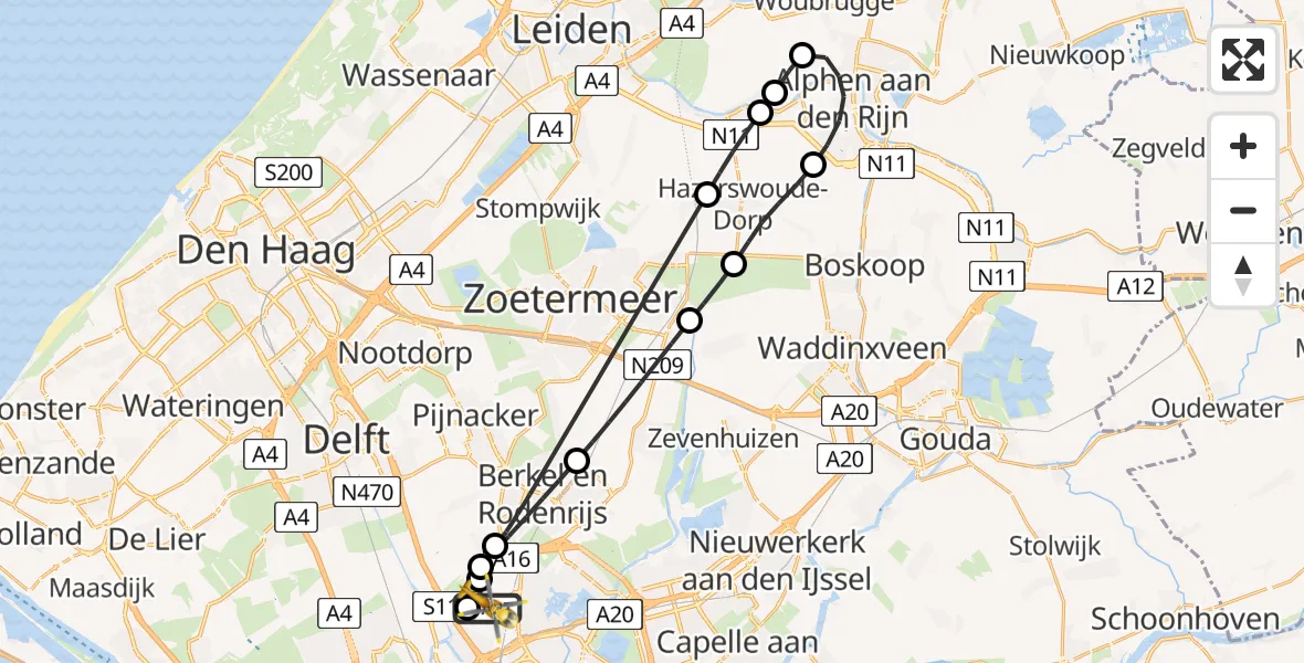Vluchtroute Traumahelikopter van Rotterdam The Hague Airport naar Rotterdam The Hague Airport