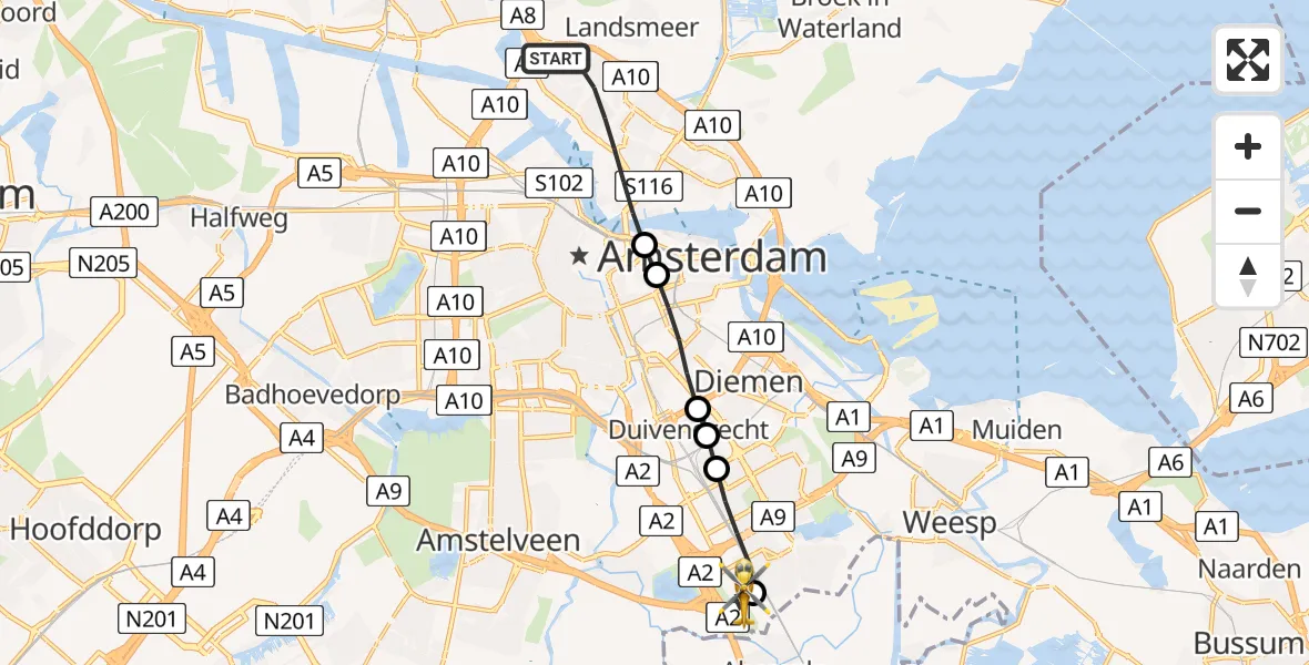 Vluchtroute Traumahelikopter van Amsterdam naar Amsterdam UMC Helipad