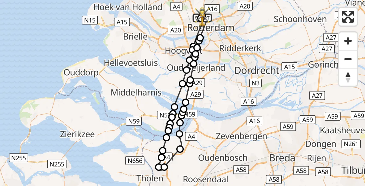 Vluchtroute Traumahelikopter van Rotterdam The Hague Airport naar Rotterdam The Hague Airport