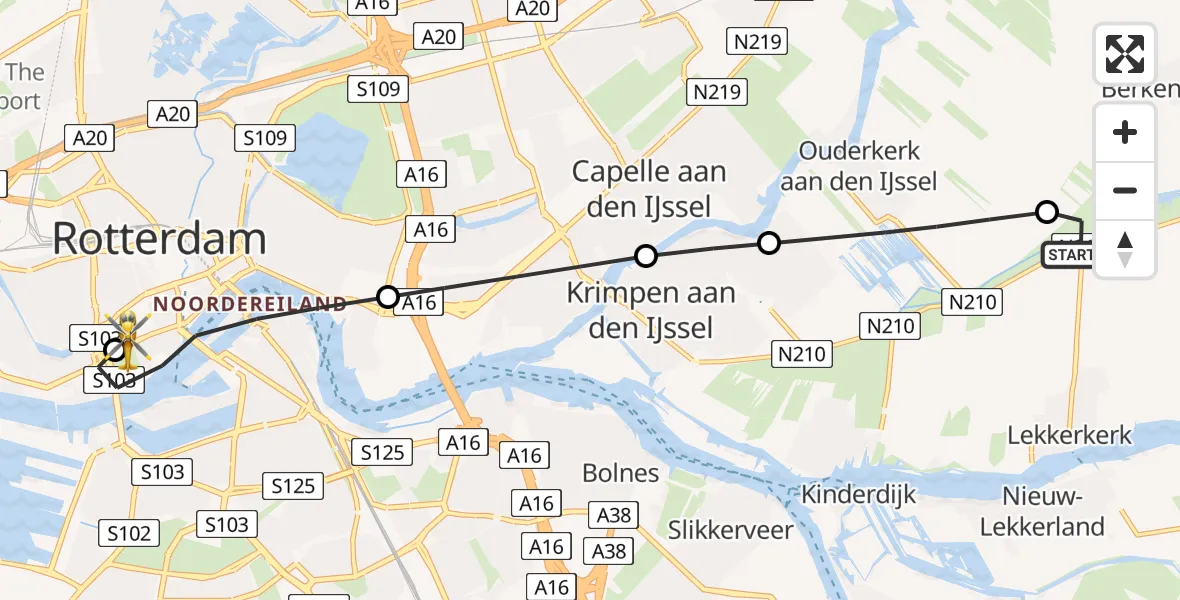 Vluchtroute Traumahelikopter van Lekkerkerk naar Erasmus MC